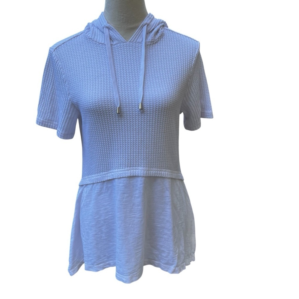 Women's White Small Short Sleeve Hoodie Top Waffle Loose Bottom Cotton Polyester